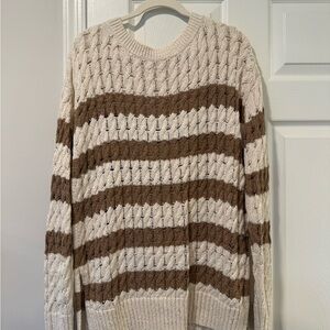 Pilcro Cream and Brown Striped Cable Knit Crewneck Sweater